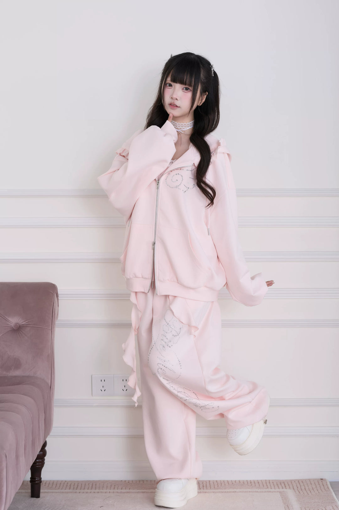 Sporty Hoodie Jacket 4-Piece Set, Hot-Fix Rhinestone 45857:865881