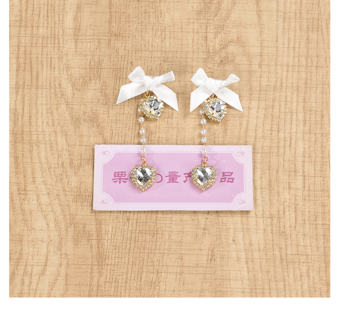 Jirai Kei Earrings Rhinestone Bow Pearl Chain Ear Clip 39658:647706