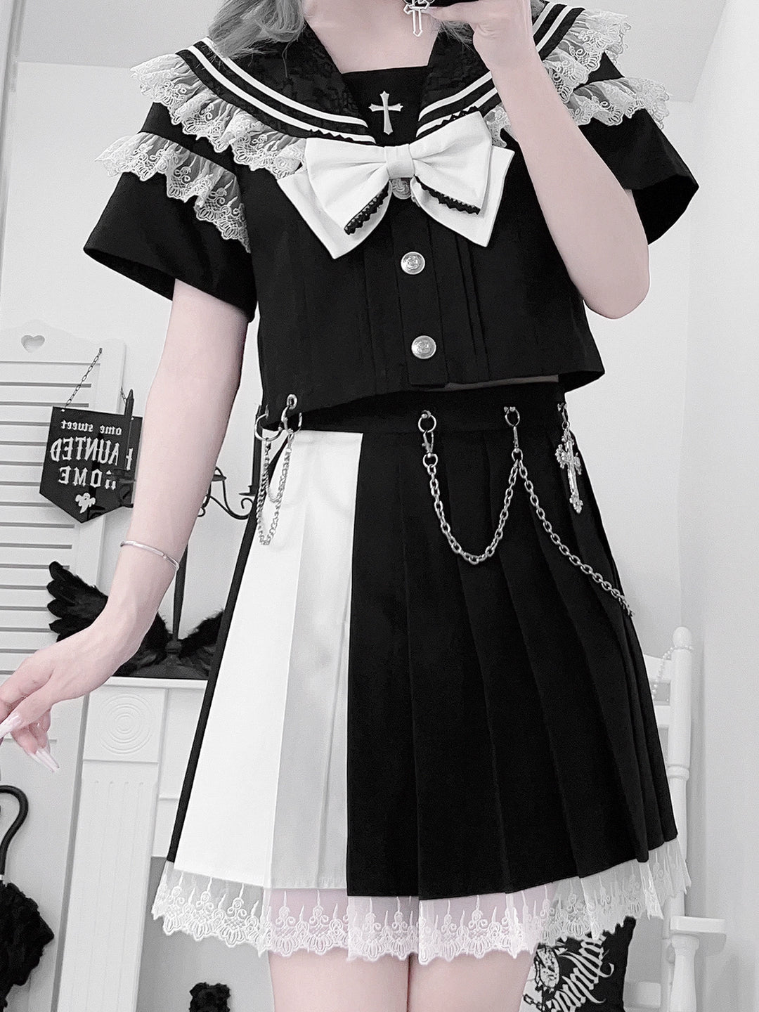 Lace Sailor Collar Gothic Skirt Suit, Detachable Waist Chain 43626:781389