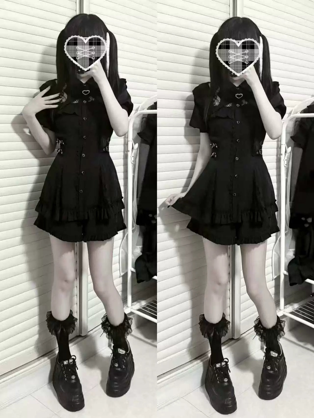 Black Jirai Kei Set Up, Sheer Lace Neckline 45747:861634
