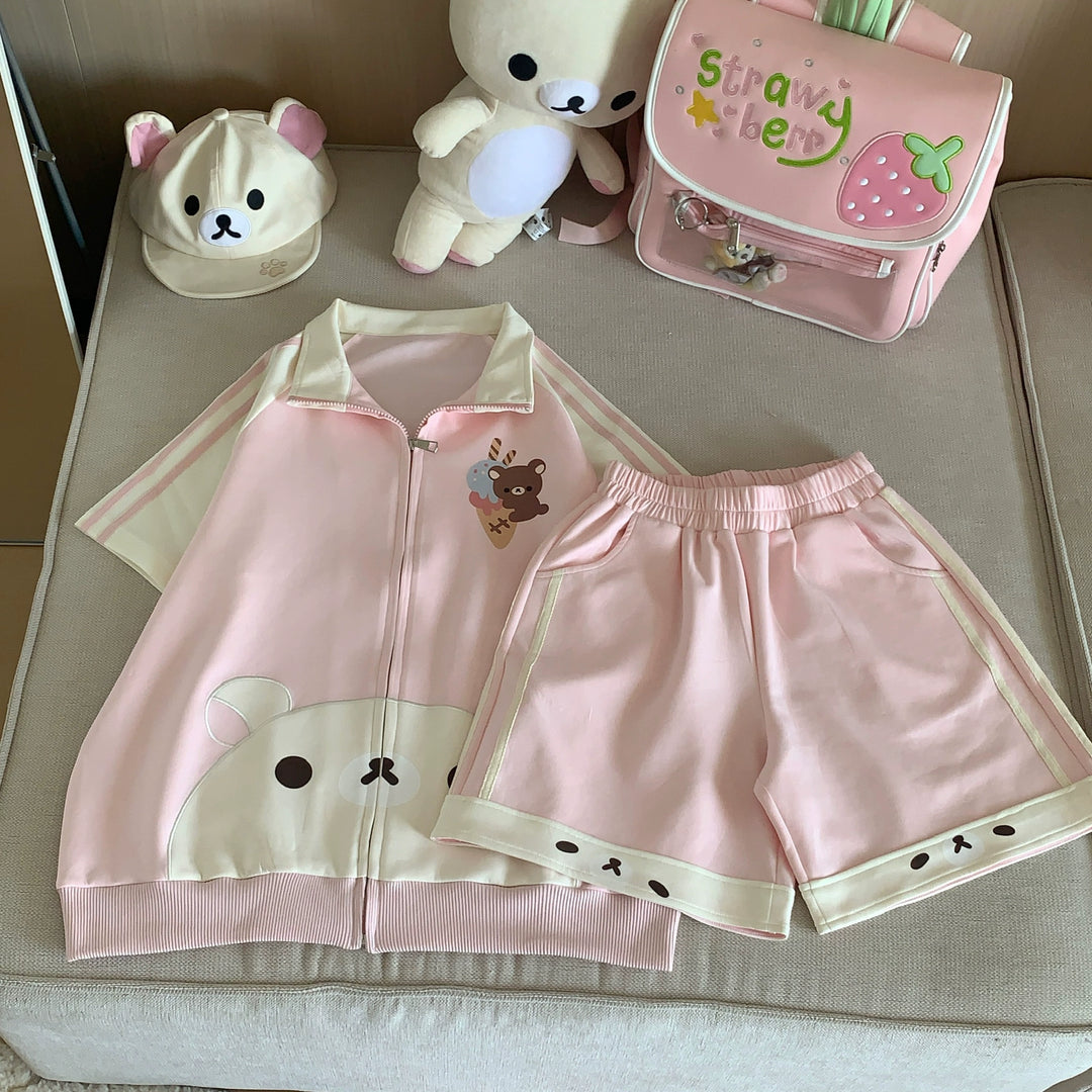 Summer Kawaii Outfit, Short Sleeve Zip-Up Sweatshirt (L M S) 43557:779723