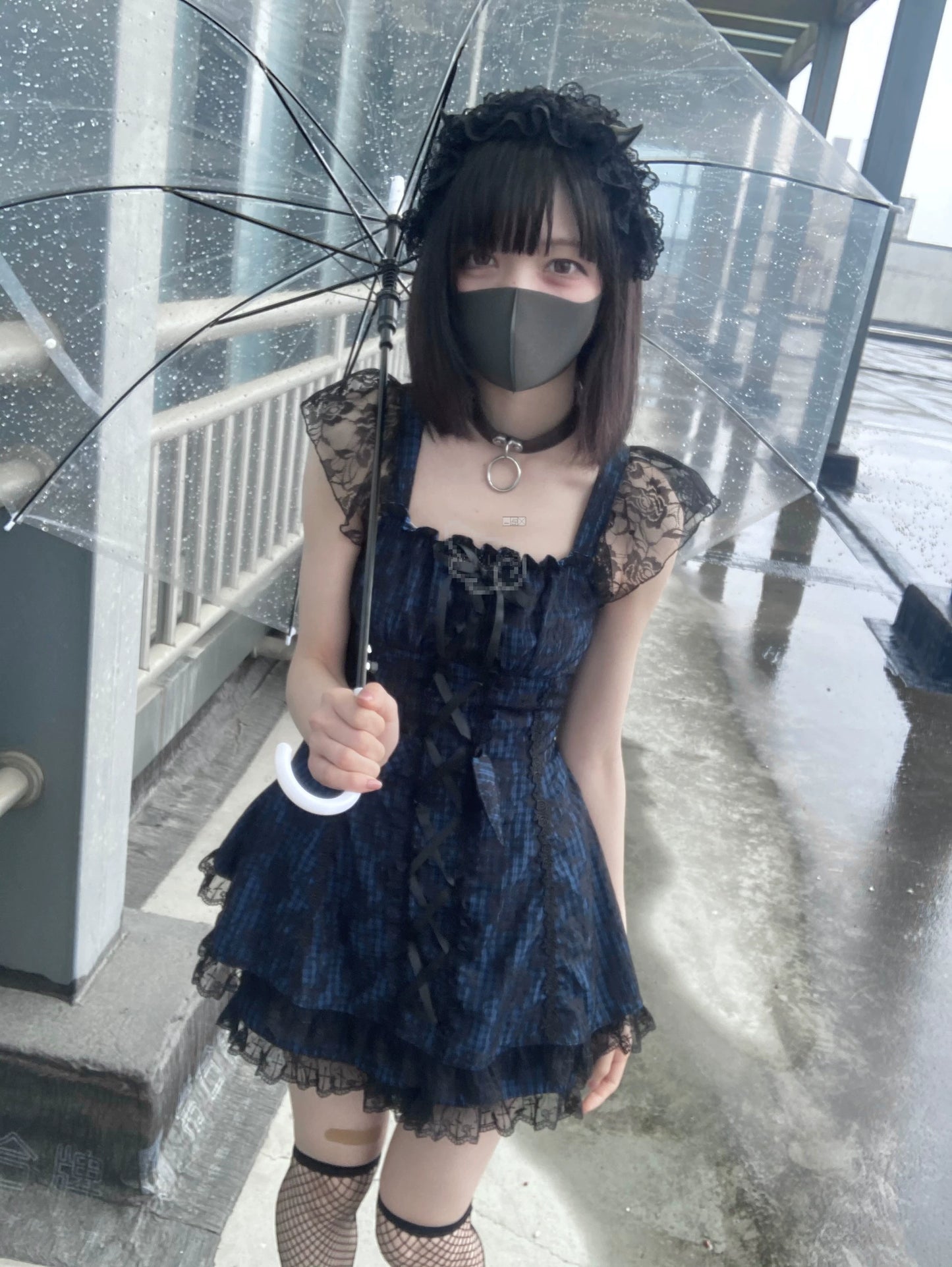 Jirai Kei Dress Set Blue Plaid Flying Sleeve Dress 35266:485296