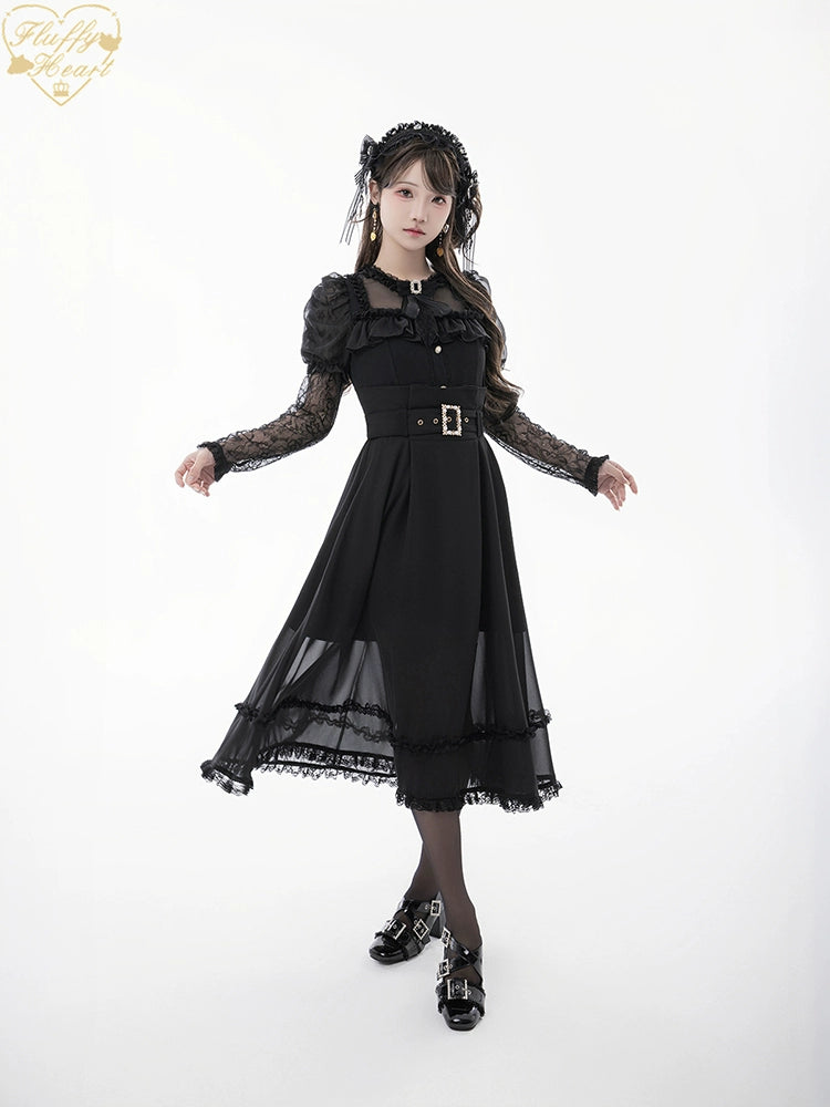 Lace-sleeves Jirai Kei Blouse & Voile Skirt With Detachable Belt 42954:758883