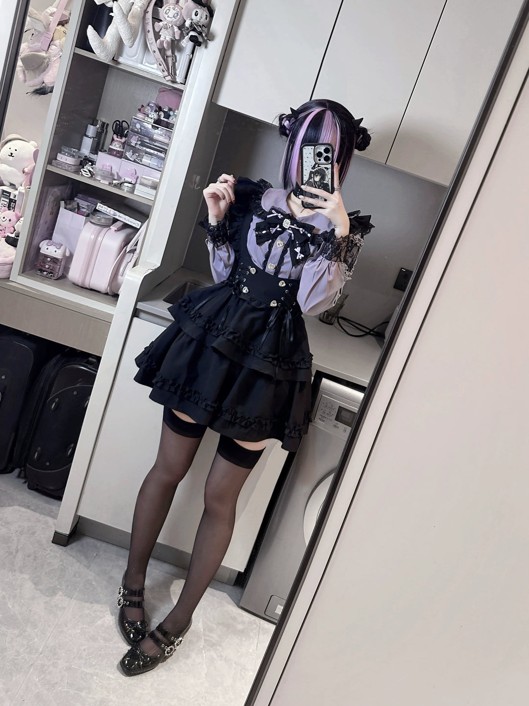 Jirai Kei Long Sleeve Blouse, Black Suspender Skirt 44031:803515