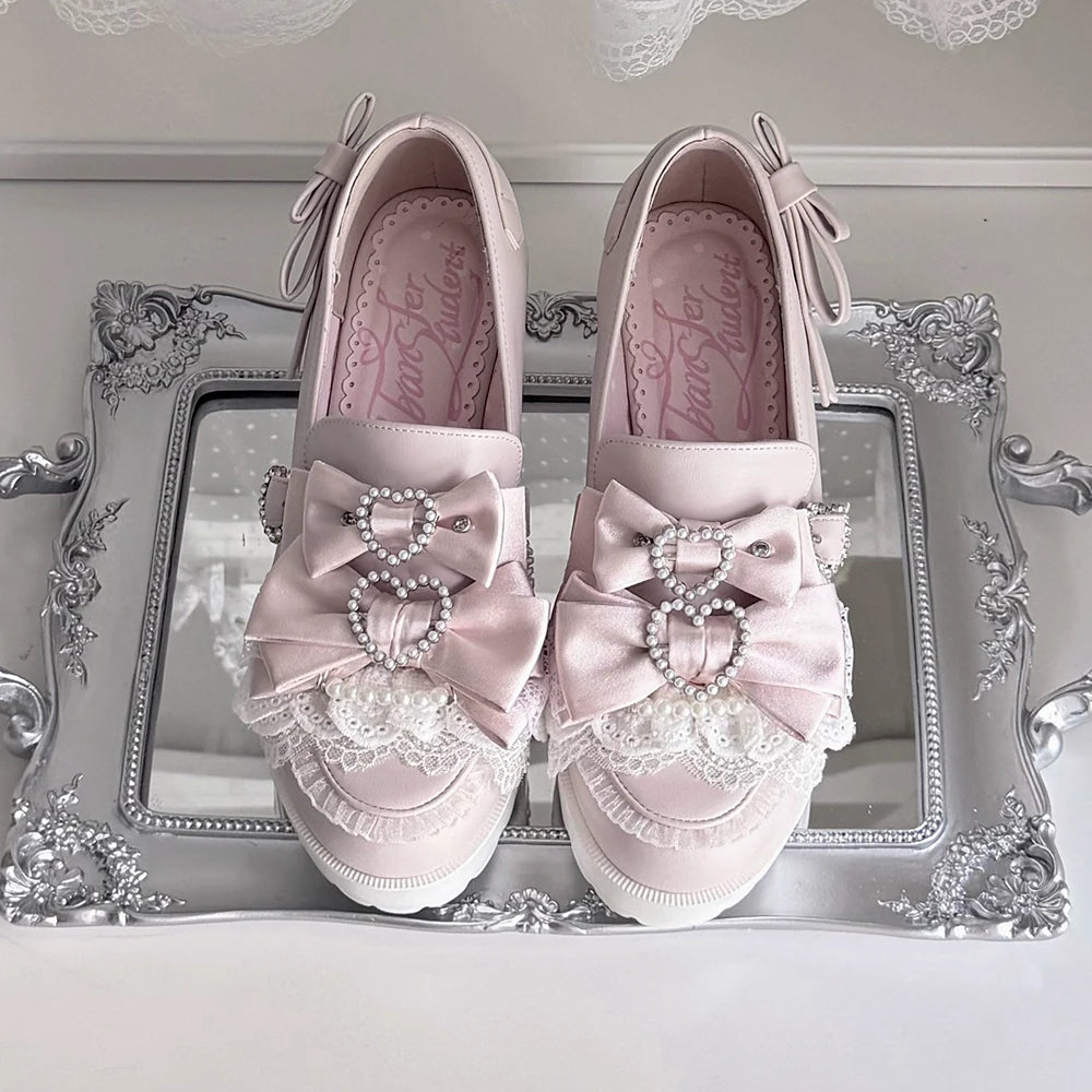 Jirai Kei Chunky Heel Slip-on Shoes, Bows and Pearls (Pink / 35 36 37 38 39 40 41 42) 45868:866936