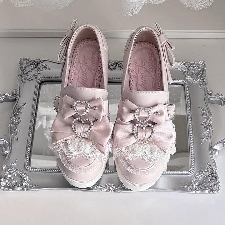 Jirai Kei Chunky Heel Slip-on Shoes, Bows and Pearls (Pink / 35 36 37 38 39 40 41 42) 45868:866936