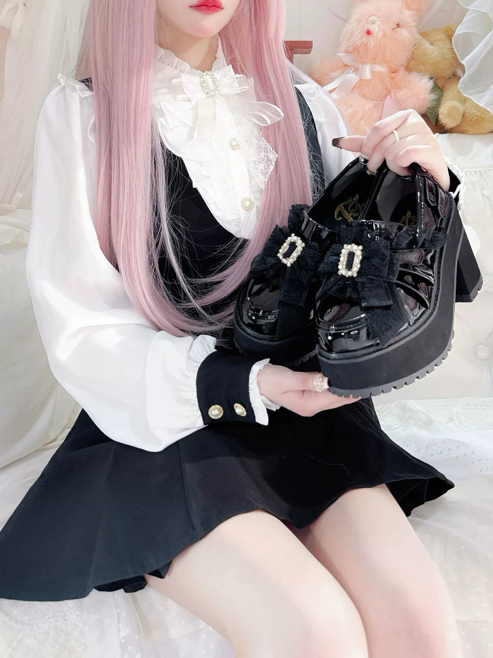 Black/White Jirai Kei Platform High Heel Shoes, Lace Bow 45952:872974