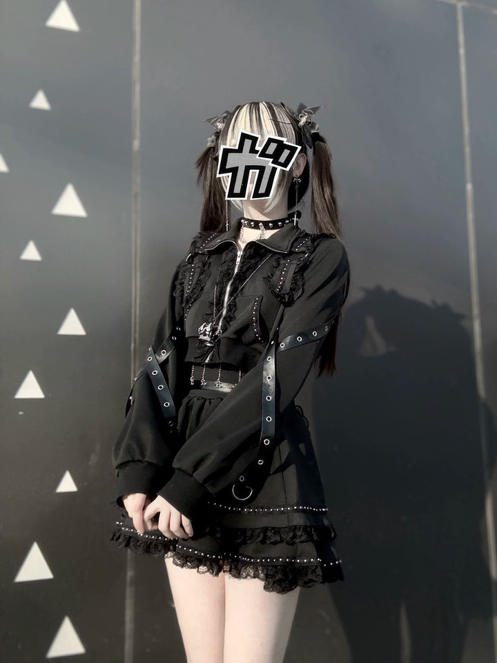 Punk Jacket and Skirt, Cross Zipper and Studs 45649:858263