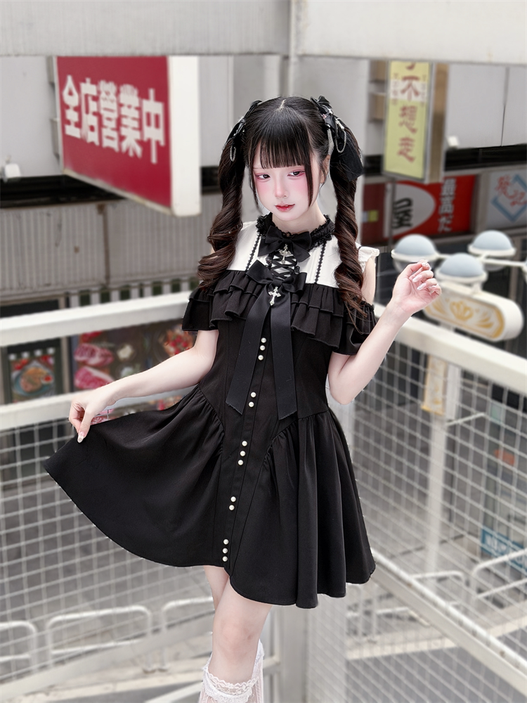 Jirai Kei Open Shoulder Dress, Layered Ruffle 44949:831322