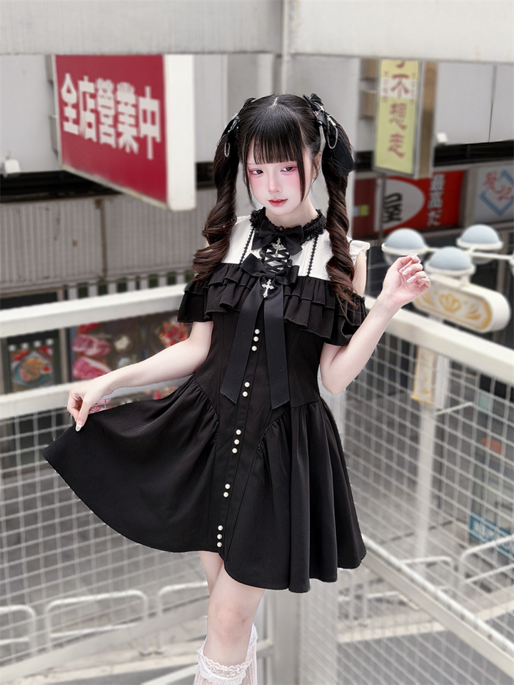Jirai Kei Open Shoulder Dress, Layered Ruffle 44949:831322
