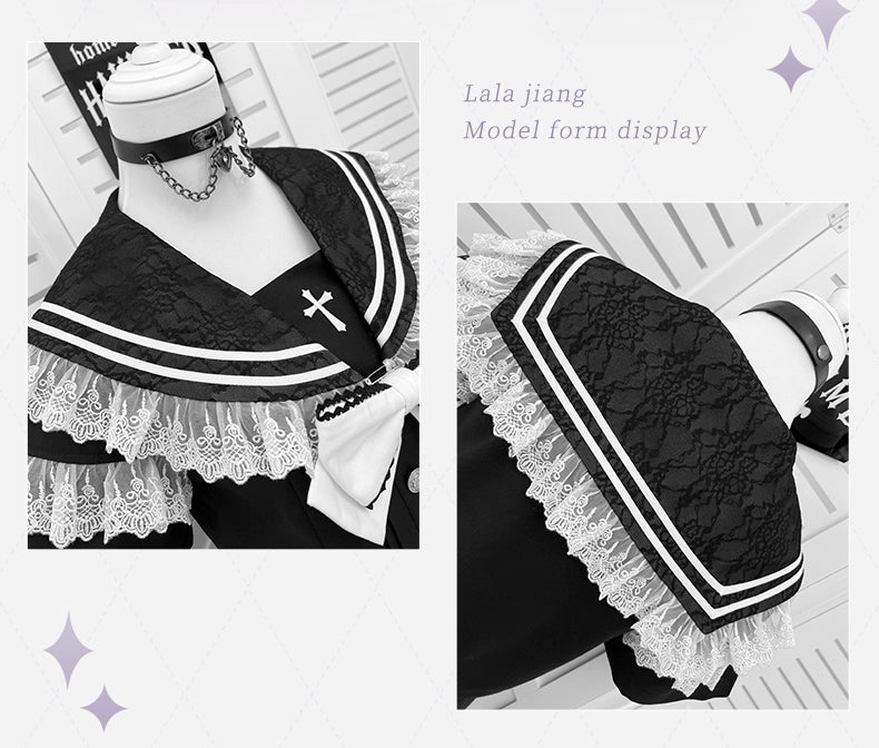 Lace Sailor Collar Gothic Skirt Suit, Detachable Waist Chain 43626:781399