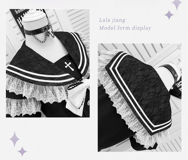 Lace Sailor Collar Gothic Skirt Suit, Detachable Waist Chain 43626:781399