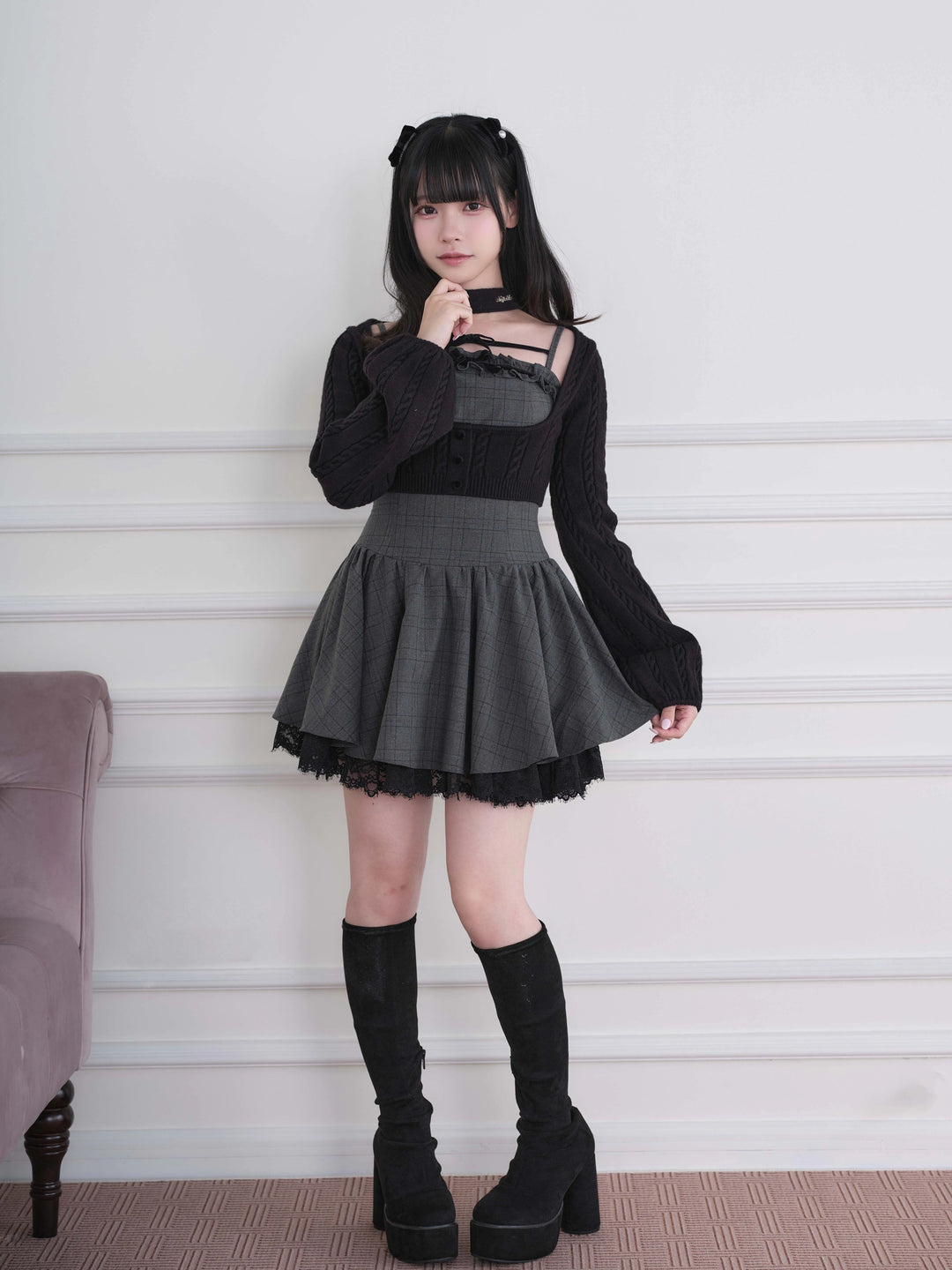 Ryousangata Plaid Dress & Knit Sweater Set, Choker-Neck 46032:873314