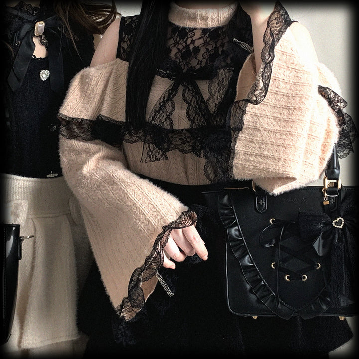 Soft Plush Ryousangata Sweater, Lace Details 44470:810458