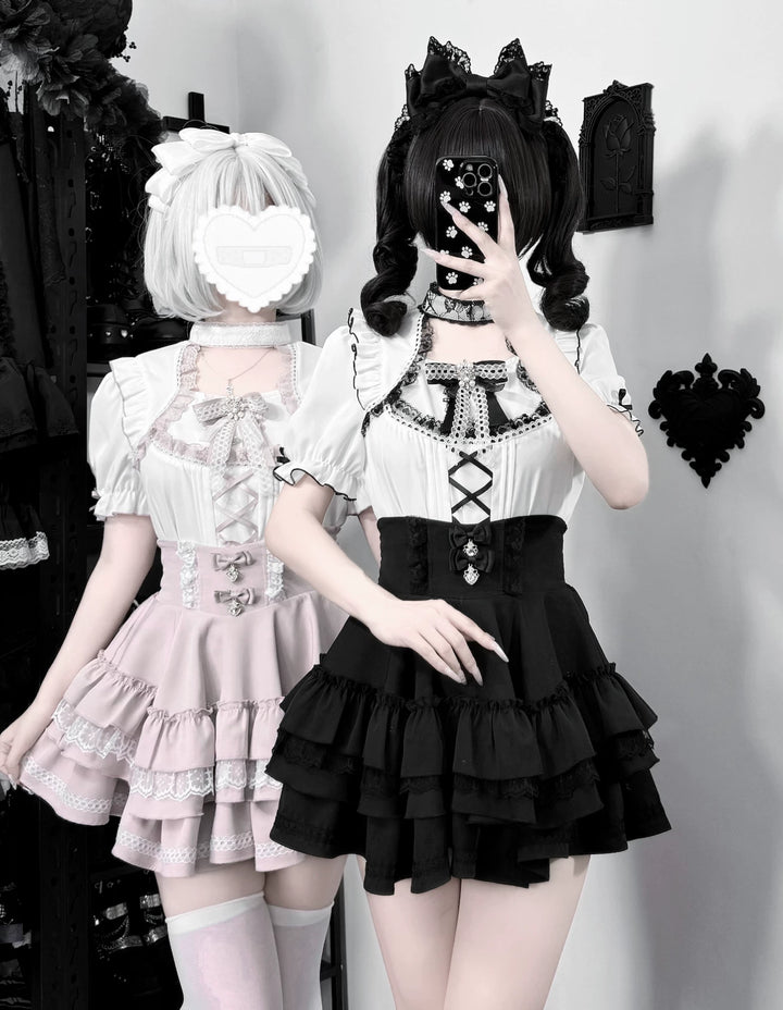 Jirai Kei Heart Lace Collar Blouse, High-waisted Tiered Skirt 45726:862550