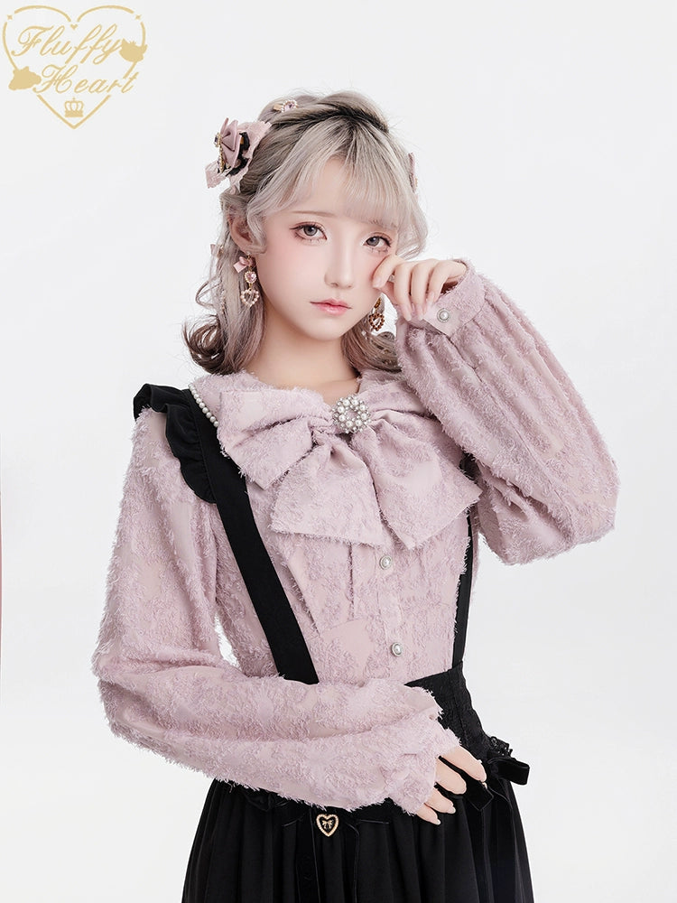 Jirai Kei Blouse White Pink Lace Chiffon Pearl Long Sleeve Shirt 33754:443416