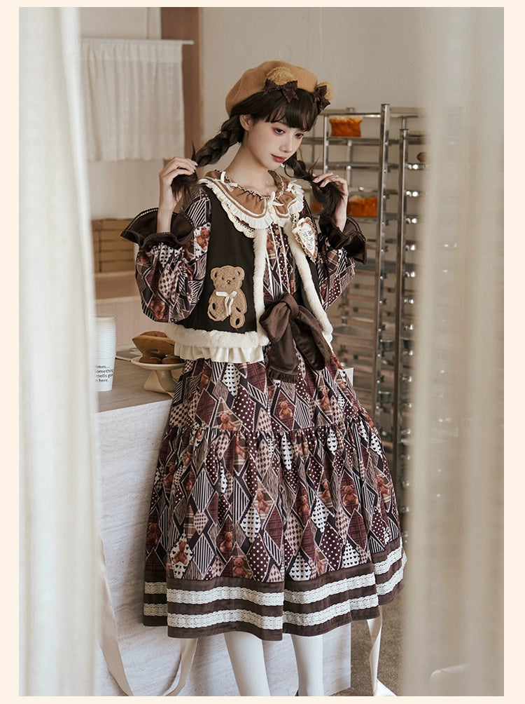 Lolita Dress Bear Embroidered Long Sleeve Dress And Vest 32068:382204 32068:382204