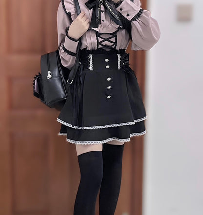 Jirai Kei Pearl Lace Up Butterfly Bow Black Skirt 21738:311040