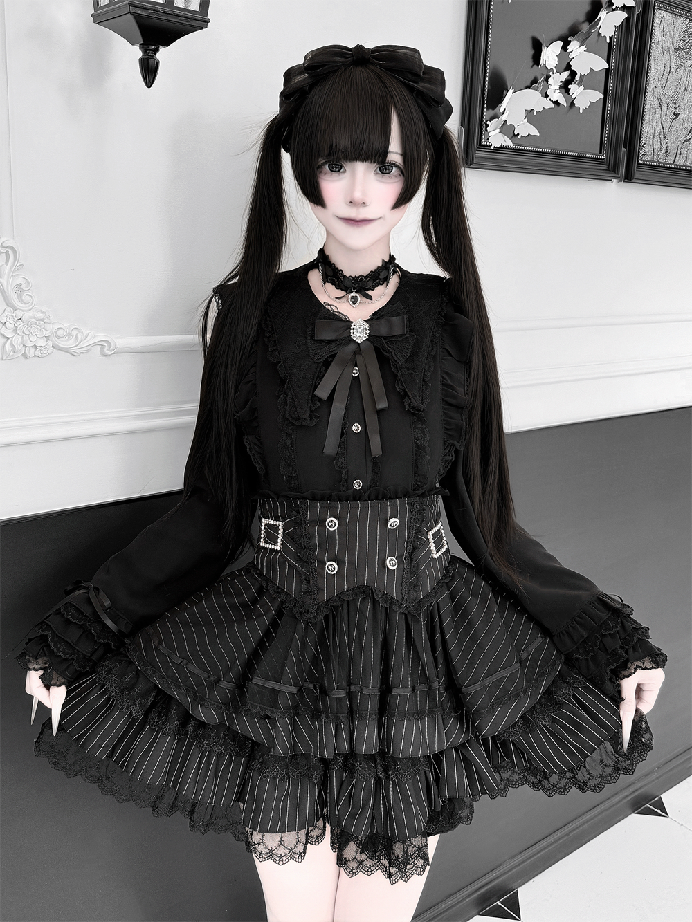 Jirai Kei Lace Blouse, High-Waist Tiered Skirt 44525:811440