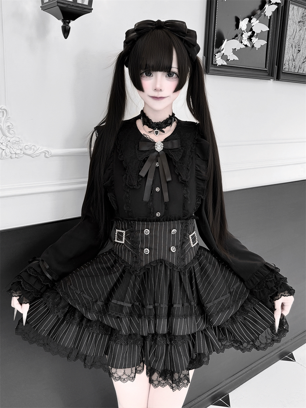 High-Waisted Jirai Kei Skirt, Lace Hem 44810:822731