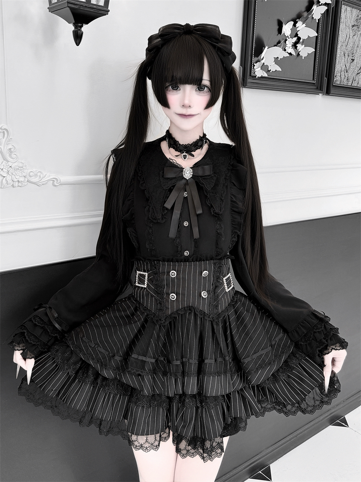 High-Waisted Jirai Kei Skirt, Lace Hem 44810:822731