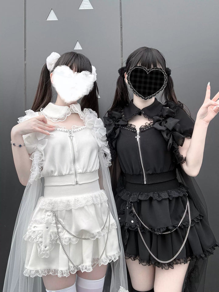 Jirai Kei Skirt & Zip-up Top, Tulle Vest 45009:838756