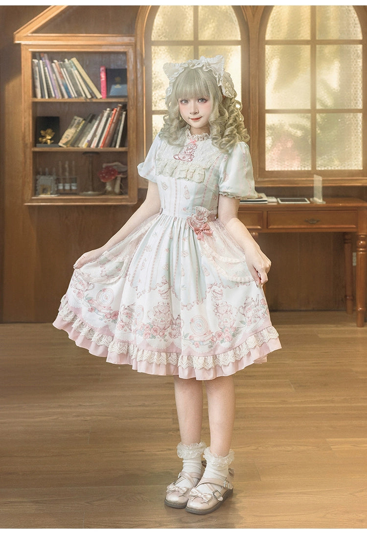 Classic Lolita Dress With Short Sleeve And Floral Tea Pot Print Multicolor 37134:552426