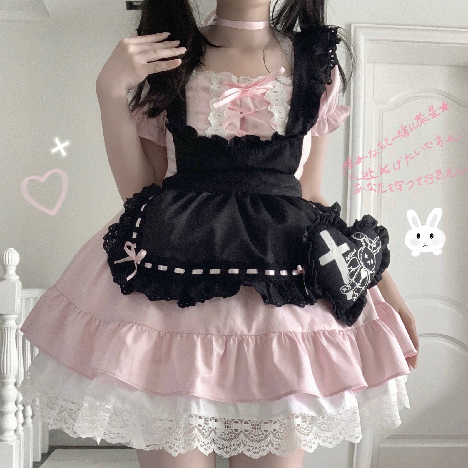 Sweet Lolita Dress Maid Apron Outfit Sweet Color-Block Dress (L M S / Pink) 37560:563956