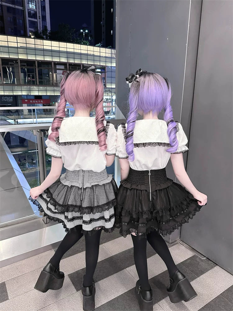 Jirai Kei Sailor Collar Blouse, Cinched Waist Tiered Skirt 45571:855945