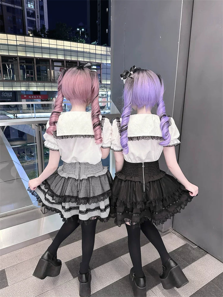 Jirai Kei Sailor Collar Blouse, Cinched Waist Tiered Skirt 45571:855945