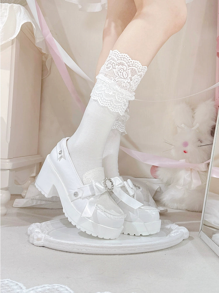 Jirai Kei Shoes Ryousangata Platform Shoes With Ribbon Rhinestone (34 35 36 37 38 39 40) 41558:703782