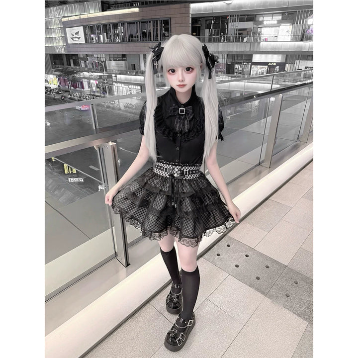 Jirai Kei Black Blouse and Plaid Skirt Set, Tulle Overlay 45572:855456