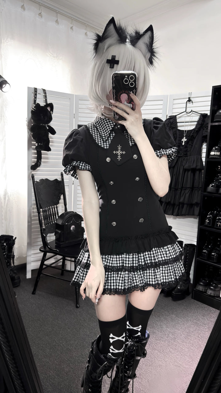 Low-Waist Jirai Kei Dress Set, Cross Embroidery 44780:826732