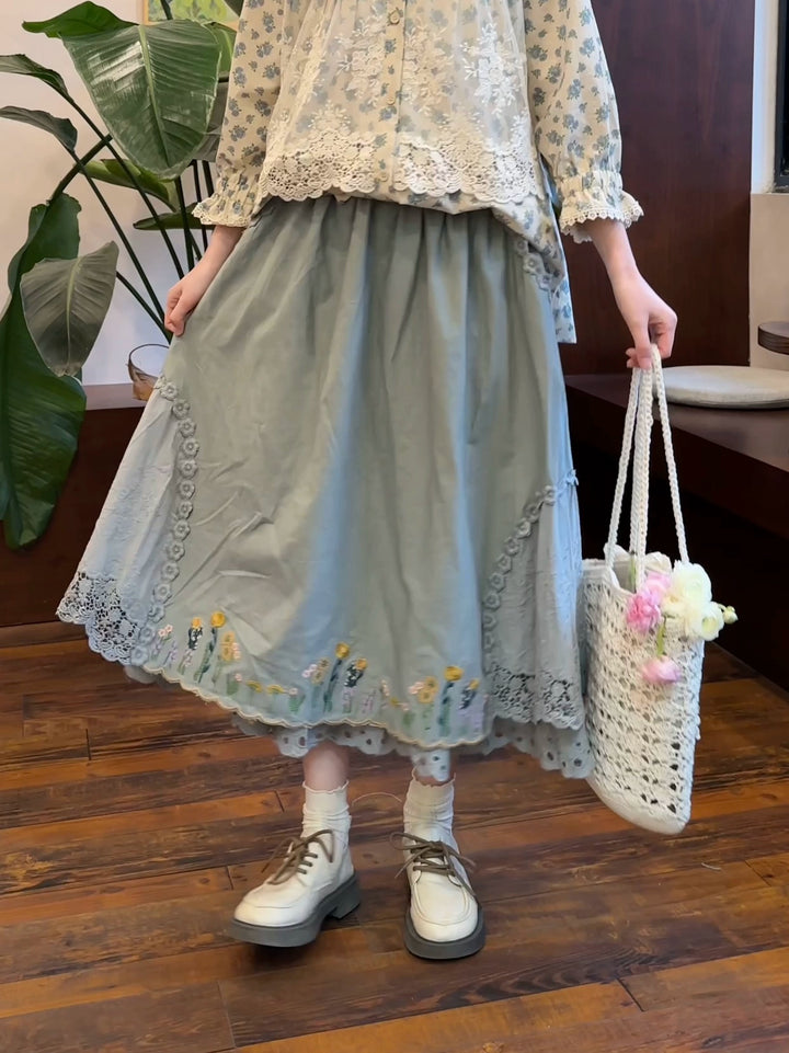 Mori Kei Skirt Sweet Retro Linen Embroidered Long Skirt 41802:714098