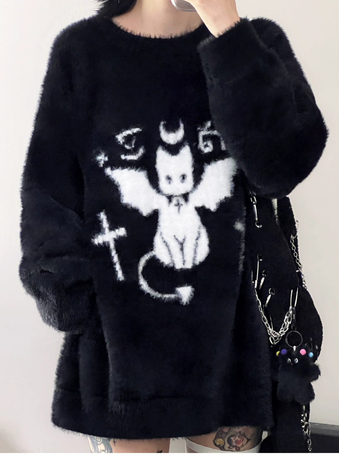 Yami Kawaii Sweater Devil Cat Black Loose Warm Top (L M) 39738:640336