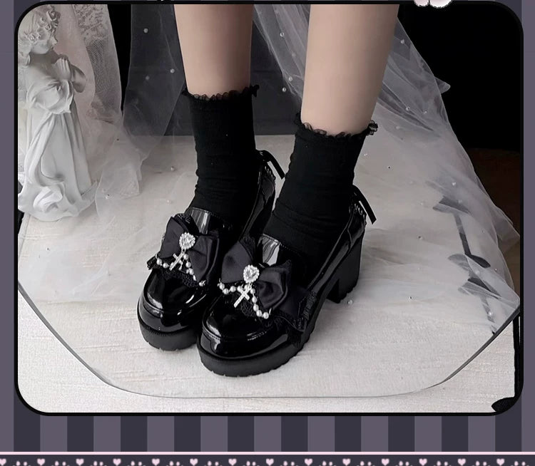 Jirai Kei Heeled Shoes, Pearl Chain and Cross Details 45695:860650