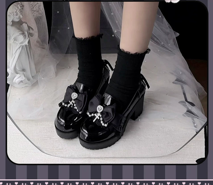 Jirai Kei Heeled Shoes, Pearl Chain and Cross Details 45695:860650