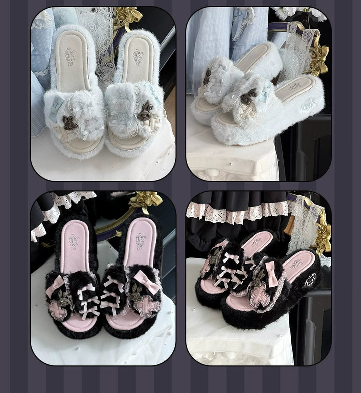 Jirai Kei Plush Wedge Platform Slippers, Bunny & Bow Accents 45959:870503