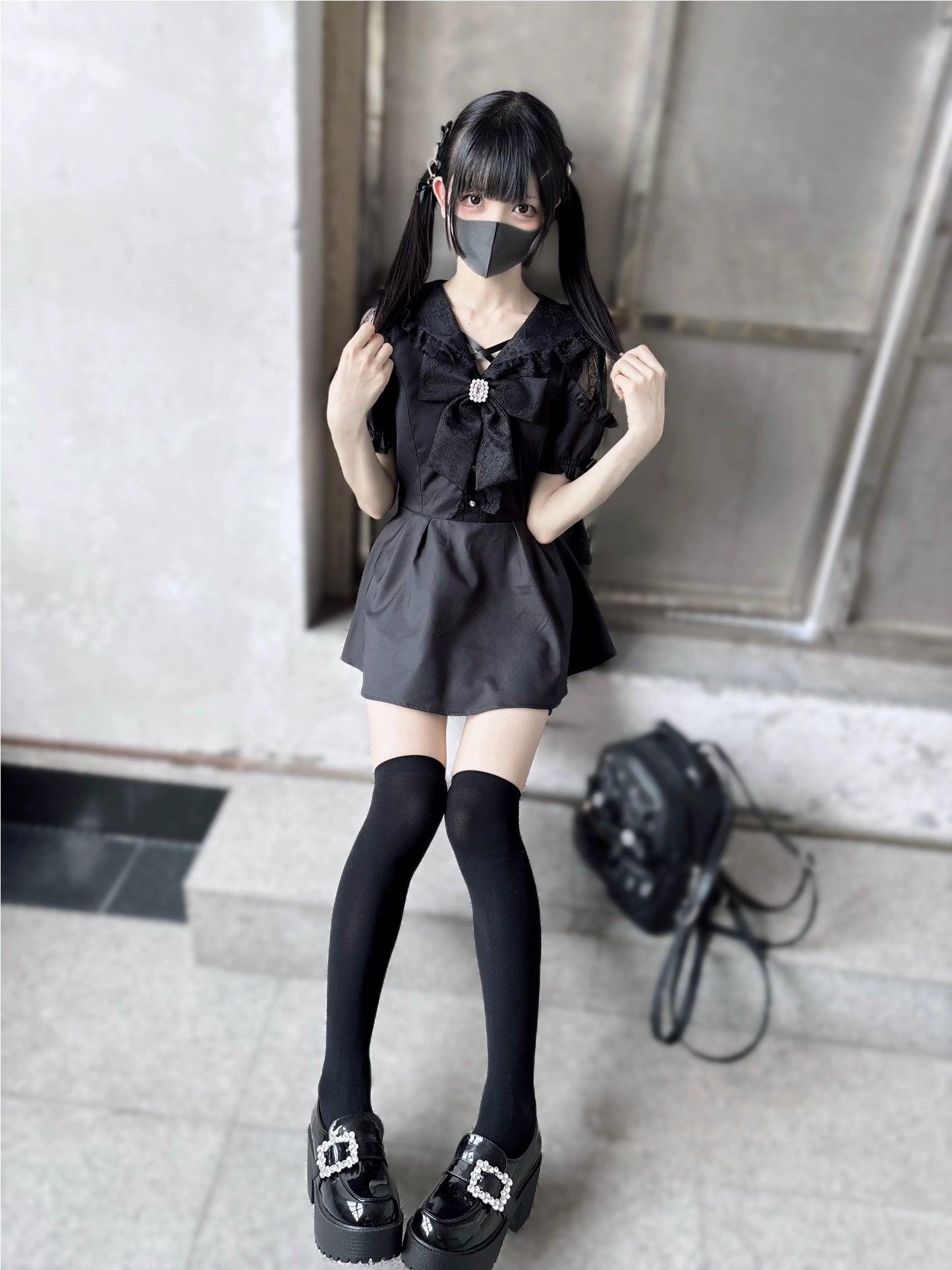 Jirai Kei Dress Set Black Short Sleeve Dress And Shorts 37848:571578