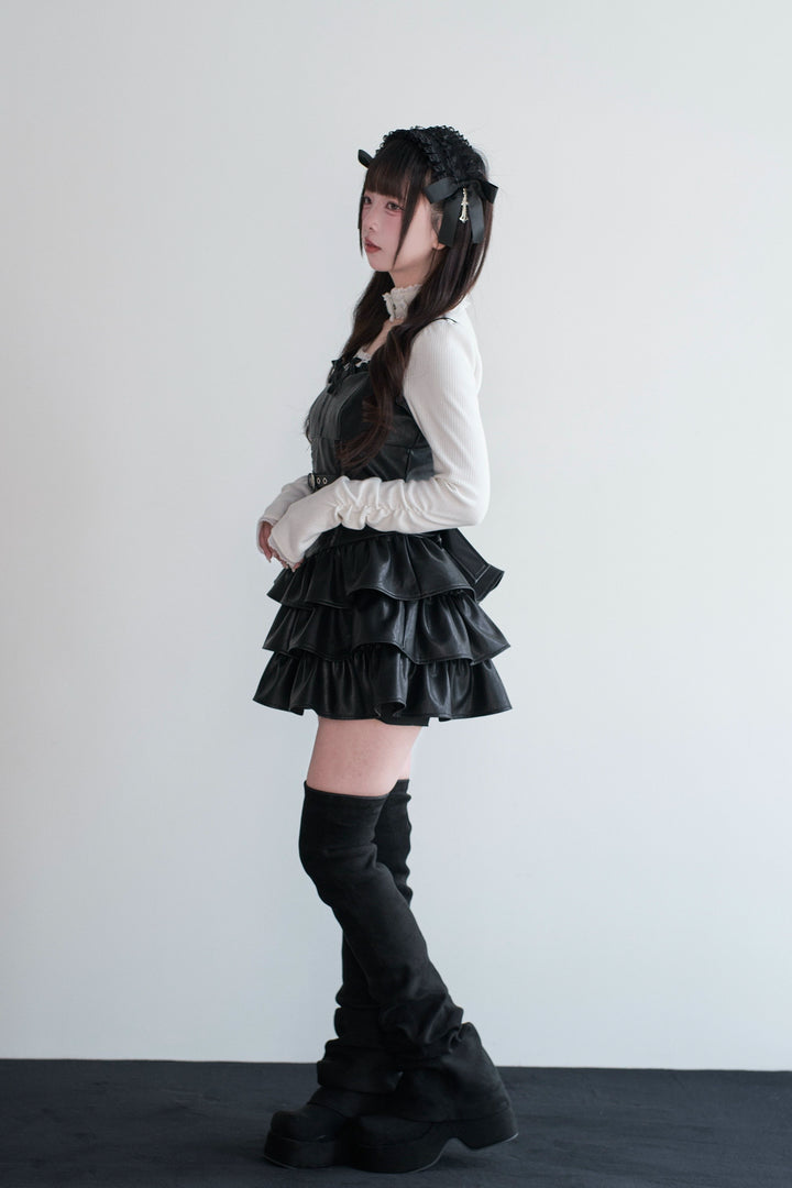 Jirai Kei Strappy Mini Dress, Tiered Ruffles 44328:805451