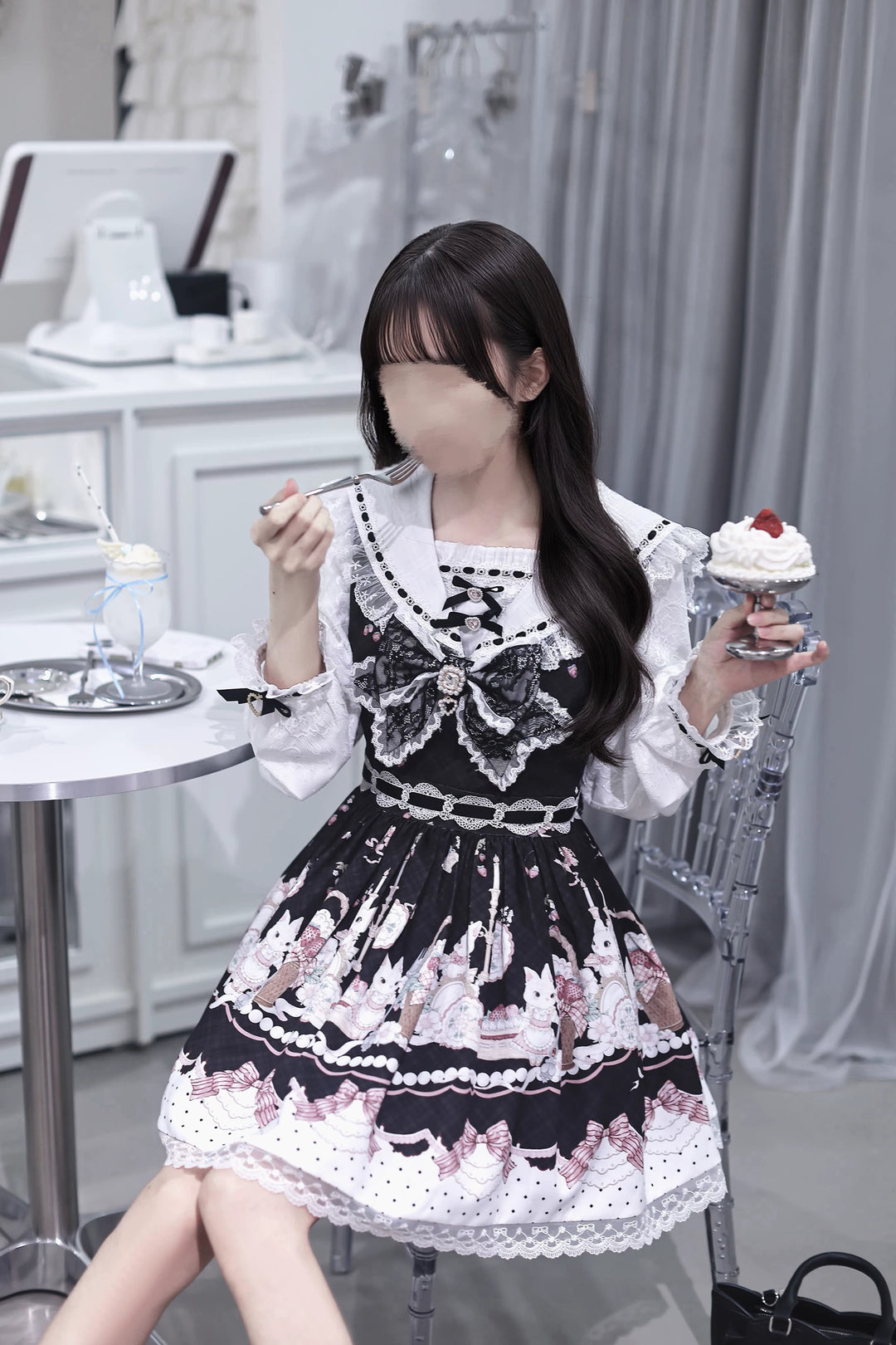 Sweet Lolita Sailor Collar OP Dress, Strawberry & Bunny Print 45872:872437
