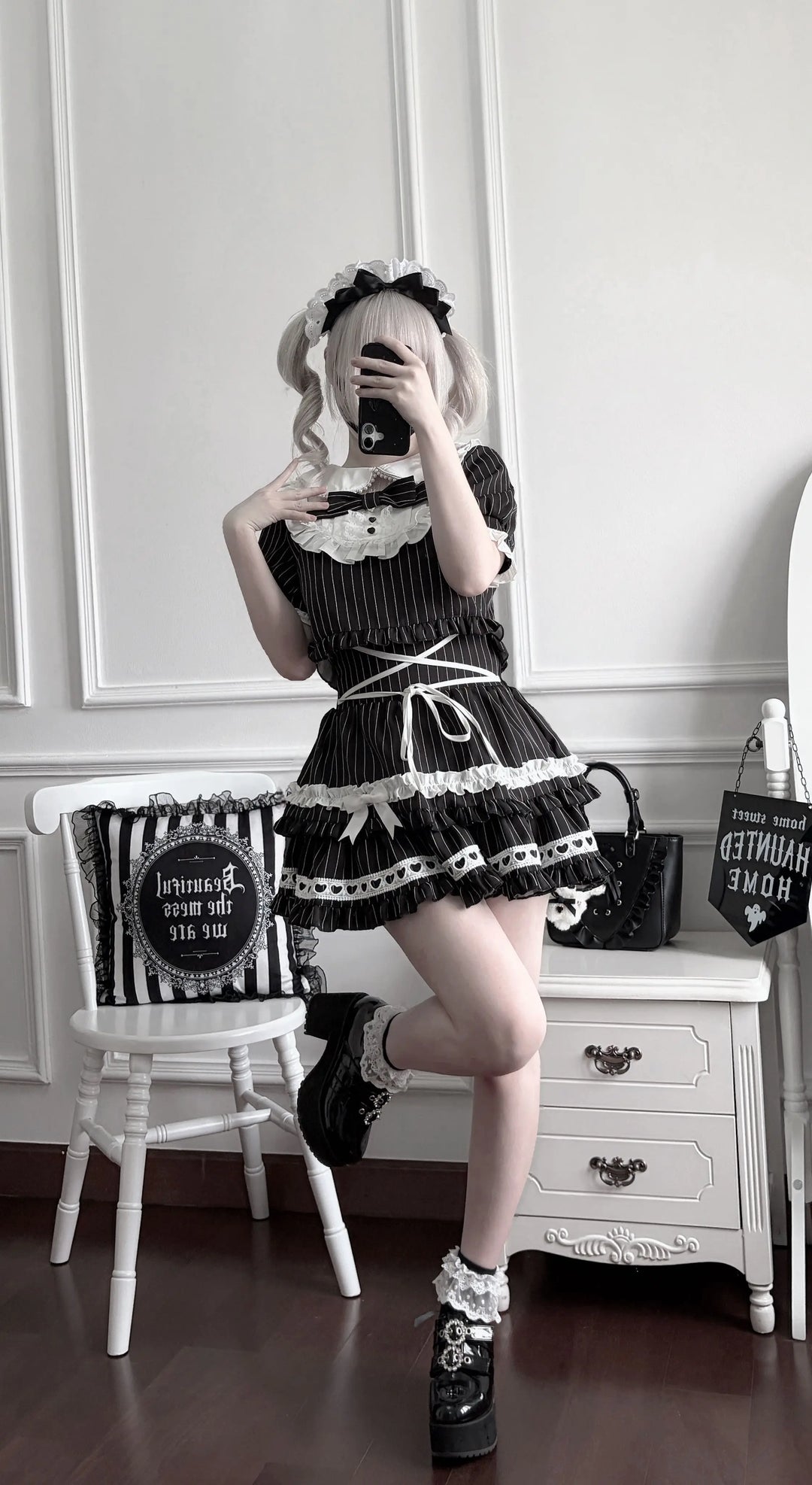 Jirai Kei Striped Blouse and Skirt Set, Pearl-trimmed Collar 45333:848639