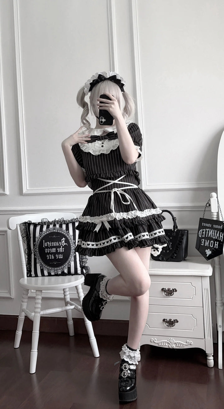 Jirai Kei Striped Blouse and Skirt Set, Pearl-trimmed Collar 45333:848639