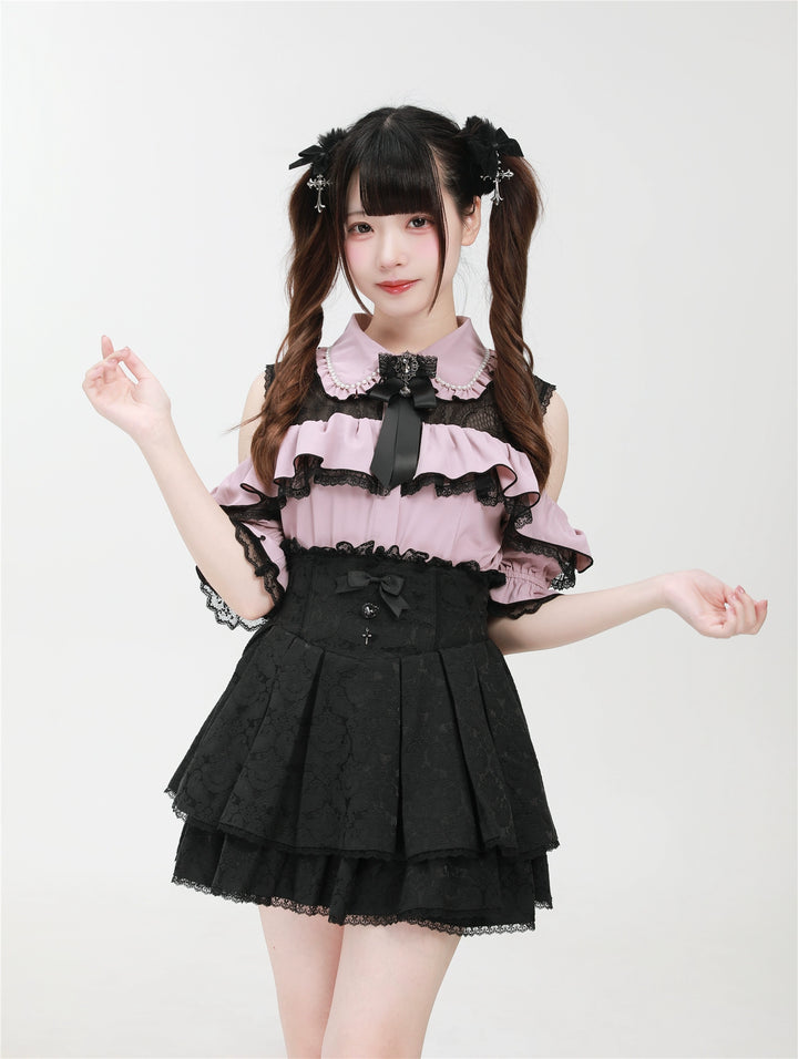 Jirai Kei Shirt with Bust Flounce Hem/Hidden Button (L M S XL) 43035:762534