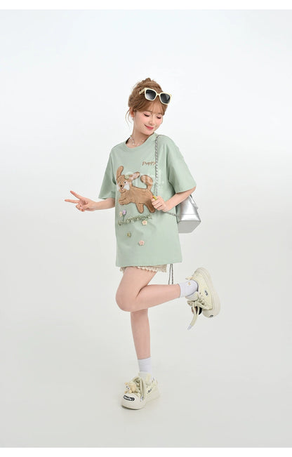 Kawaii T-shirt Short Sleeves Cotton Top Patch Embroidery 35896:559550