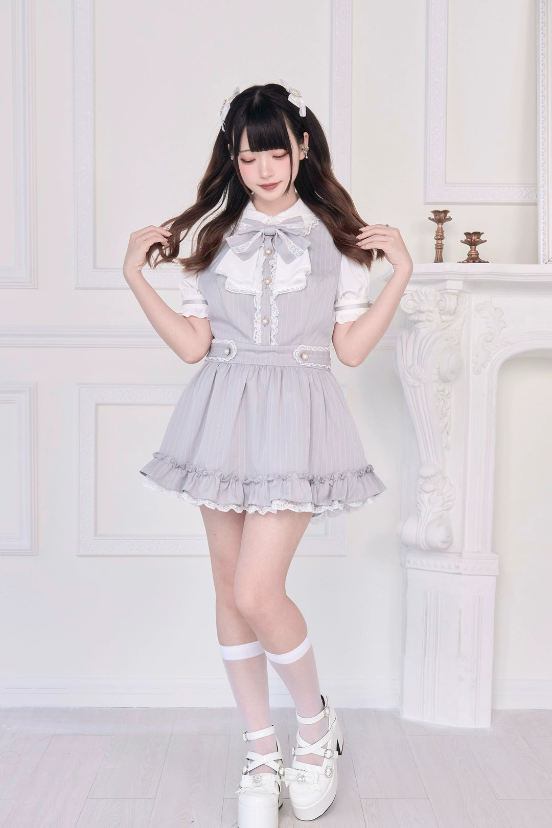 Striped / Solid Jirai Kei Dress, Elastic Shorts 43533:779061