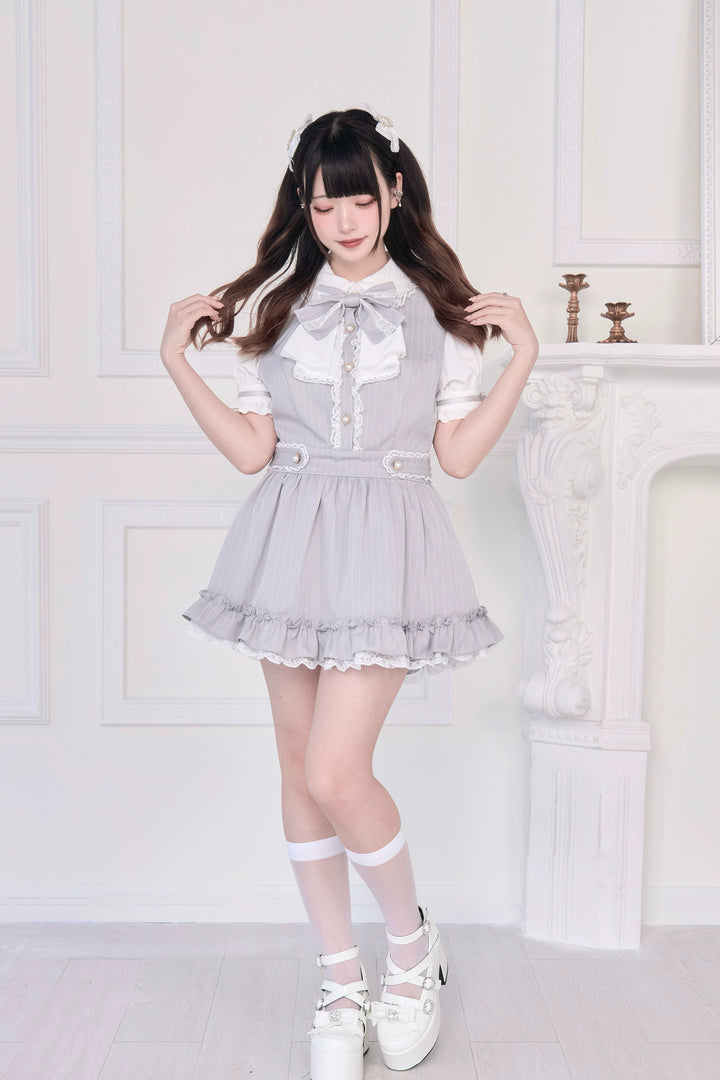 Striped / Solid Jirai Kei Dress, Elastic Shorts 43533:779061