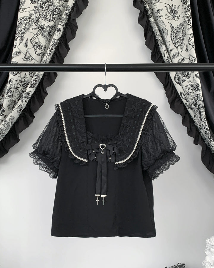Jirai Kei Sailor Collar Blouse, Lace Puff Sleeves (L M S XL) 45648:857945