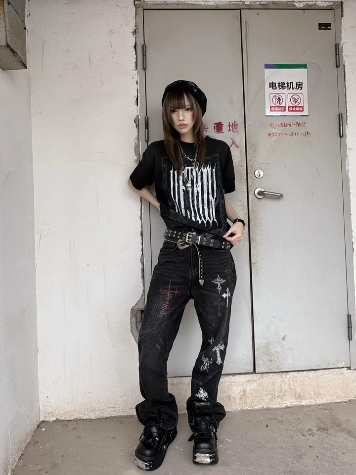 Punk Slight-flare Jeans, Varied Cross Prints 45698:859565
