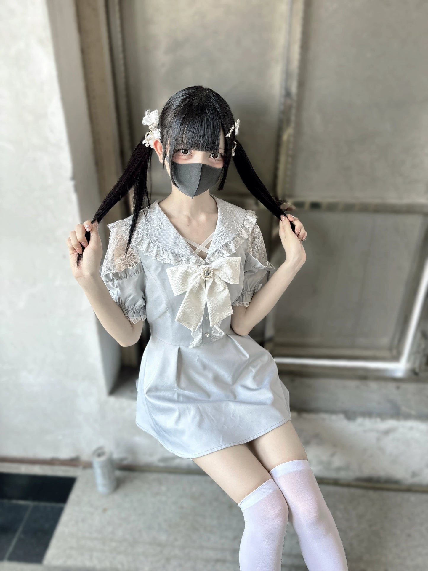 Jirai Kei Dress Set Short Sleeve Lace Dress And Shorts 37652:567814